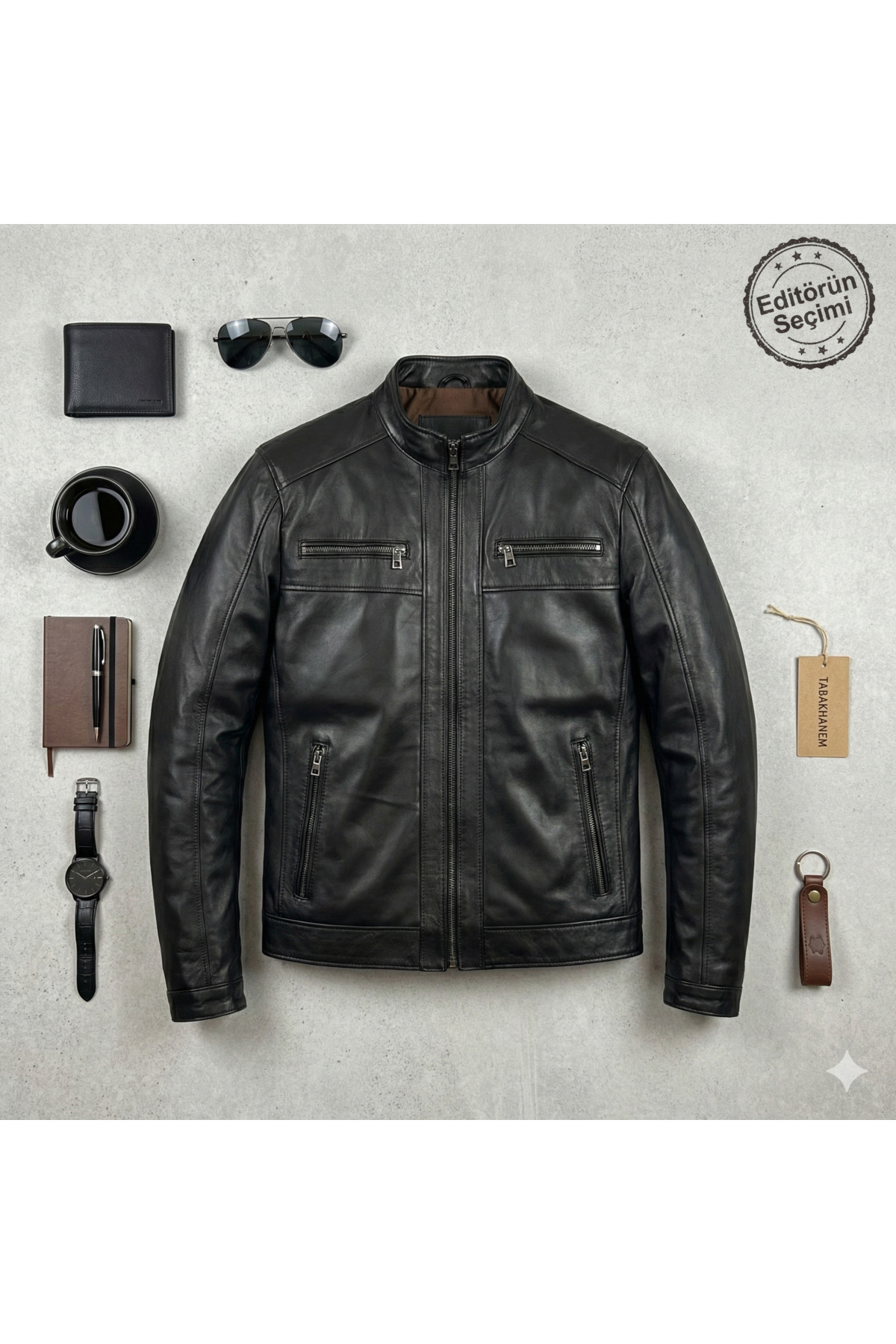 VELZANA  Erkek Hakiki Deri Ceket Dik Yaka Fermuarlı Klasik Siyah - Görsel 4