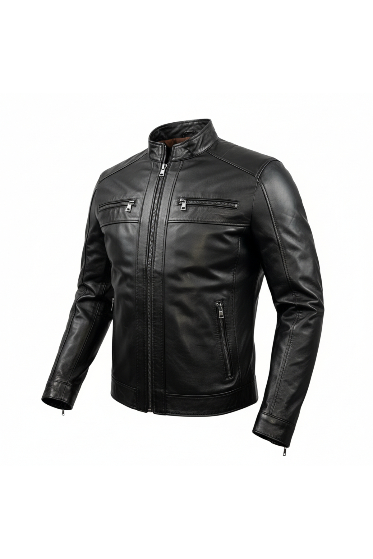 VELZANA  Erkek Hakiki Deri Ceket Dik Yaka Fermuarlı Klasik Siyah - Görsel 3