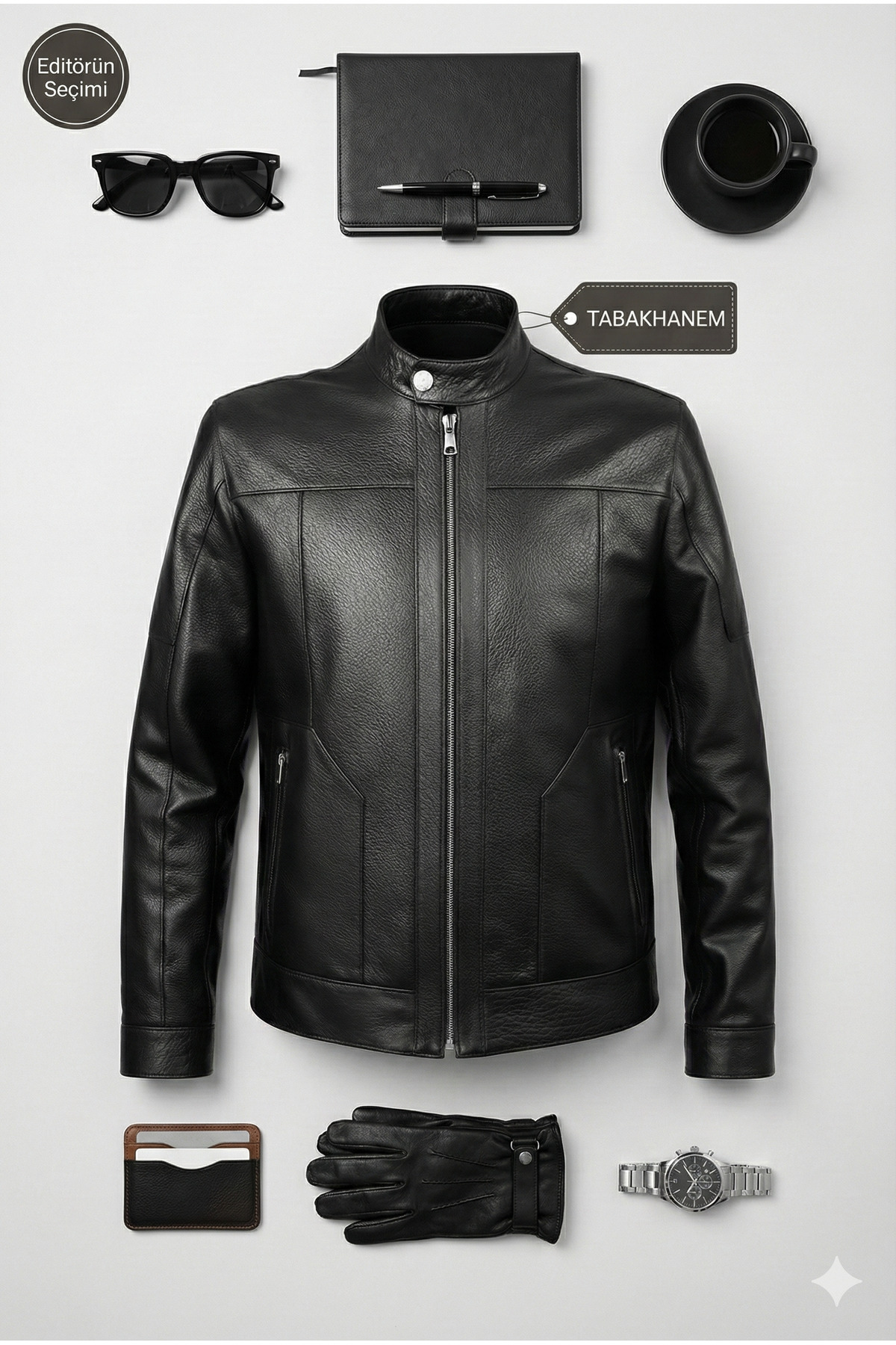 VELZANA  Erkek Hakiki Jumbo Deri Ceket Siyah | Dik Yaka, Fermuarlı, Cepli, Kışlık