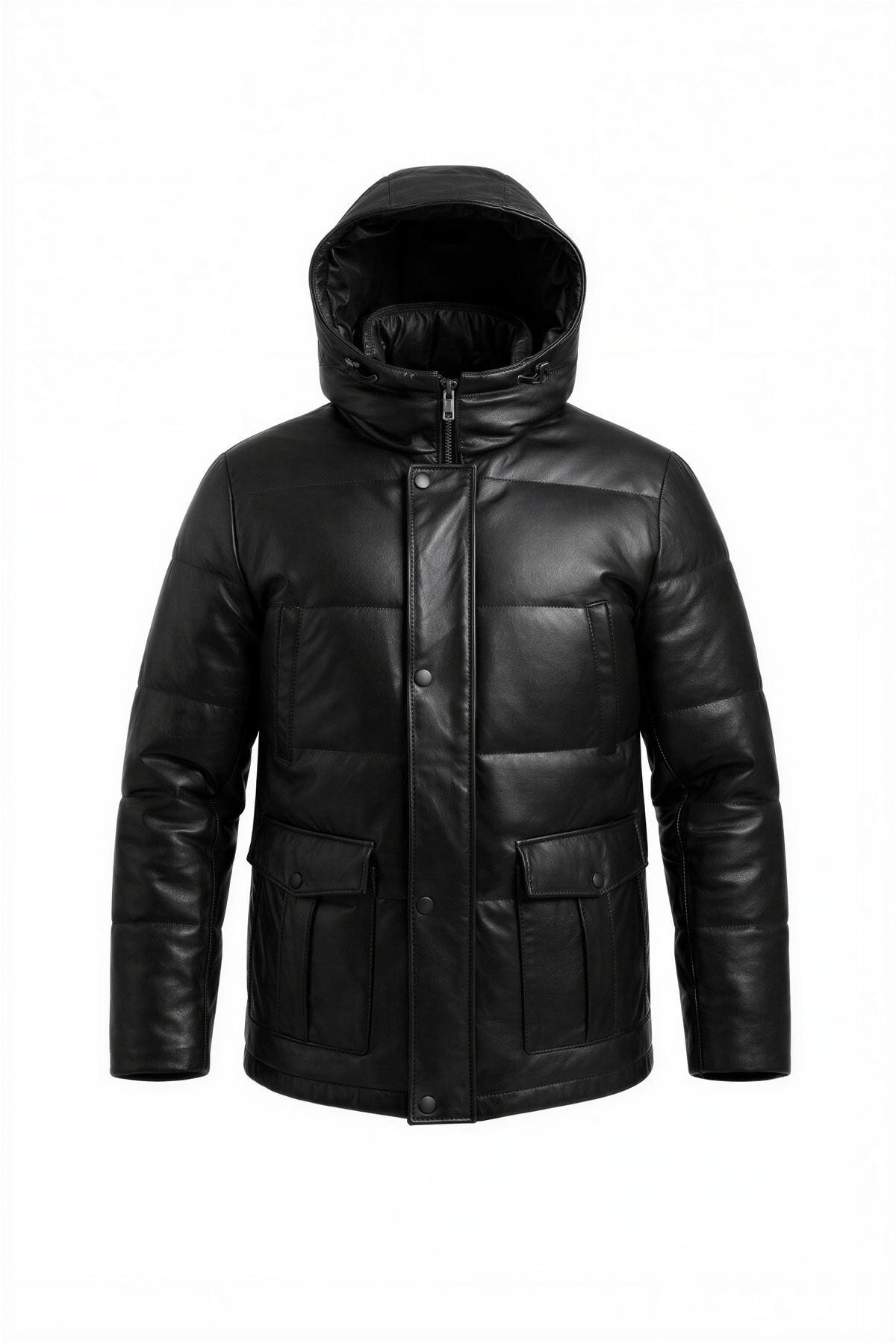 VELZANA  Erkek Siyah Hakiki Deri Şişme Kaban Mont | Kapüşonlu, Fermuarlı, Çıtçıtlı, Cepli - Görsel 2