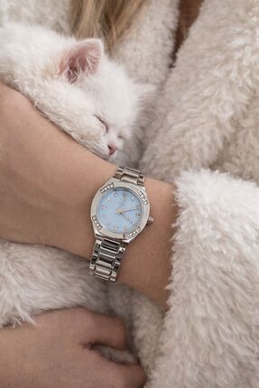 SPOLO AÇIK MAVİ KADRAN ZİRKON TAŞLI GÜMÜŞ RENK SAATİ