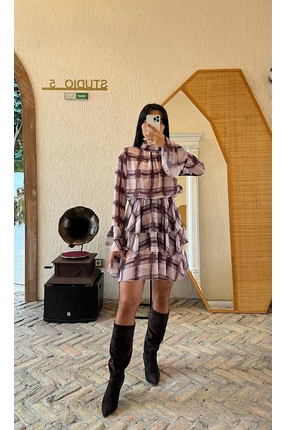 MY GRS EKOSE DESEN KAT KAT ŞİFON ELBİSE