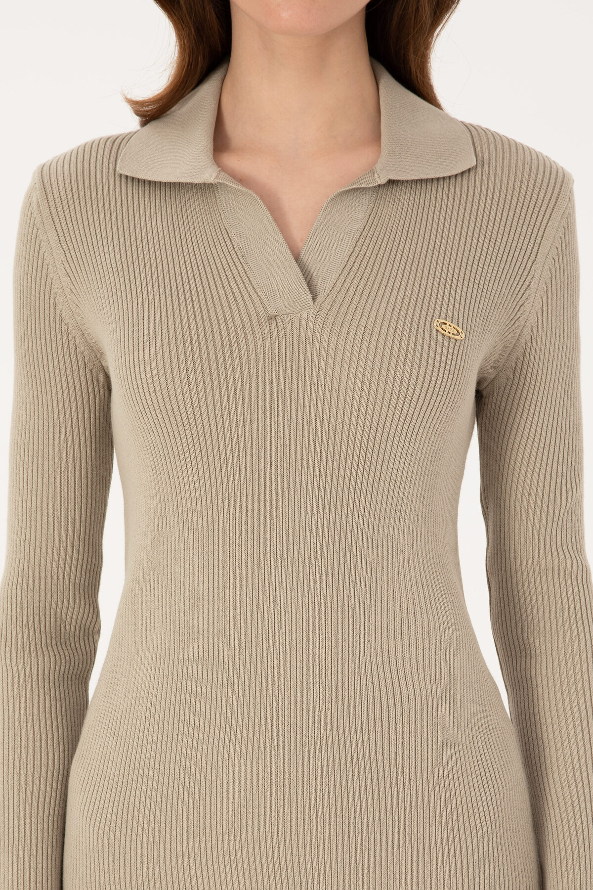 U.S. Polo Assn.  Kadın Açık Haki Düğme Detaylı Polo Yaka Kazak 50317524-VR183 - Görsel 6