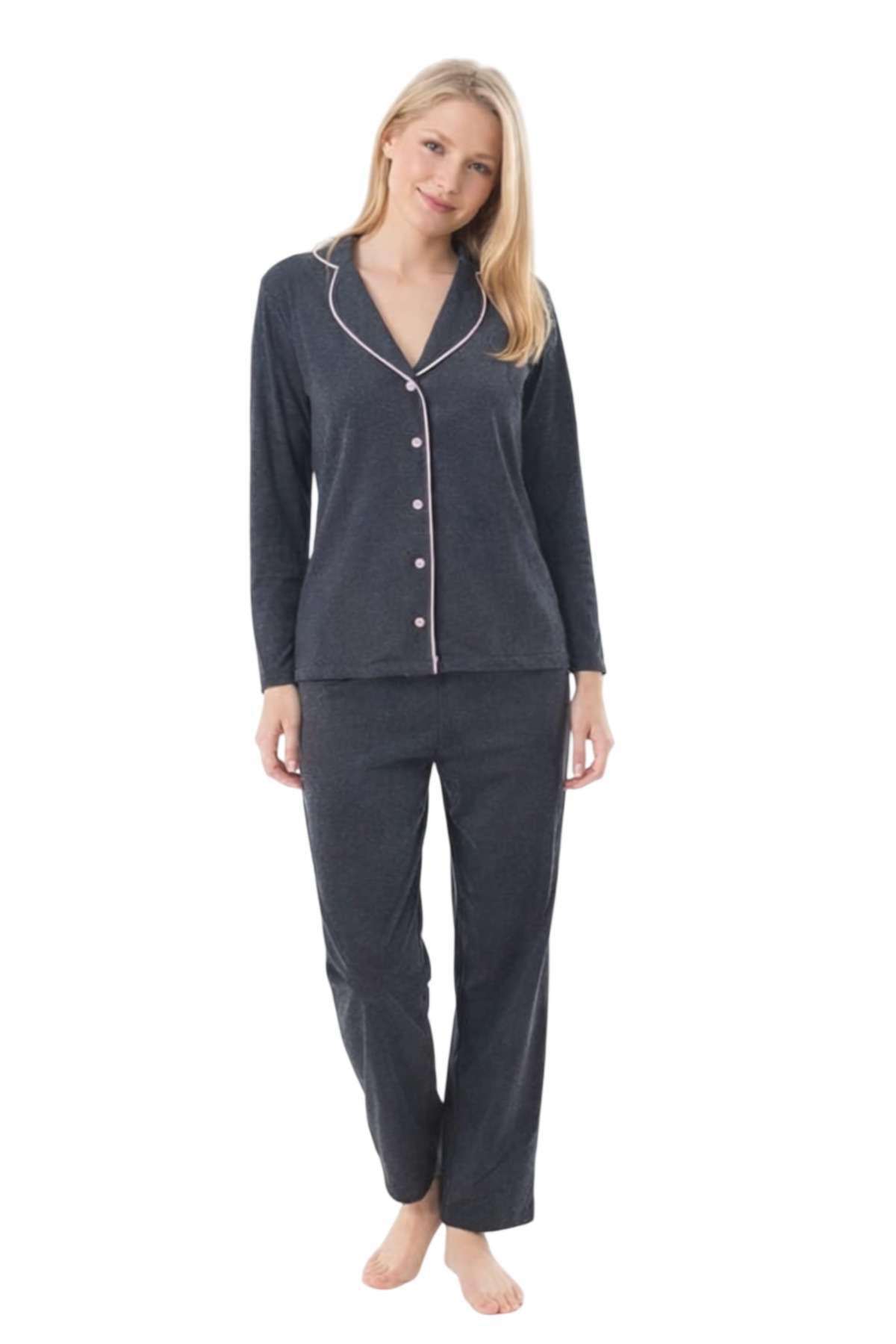 Women's Buttoned Piping Detail Pajamas Set