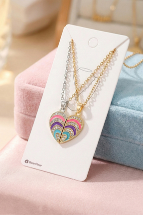 Bear&Pear 2'li Mıknatıslı Kolye Simli Kalp 2'li Arkadaşlık Dostluk Kolyesi