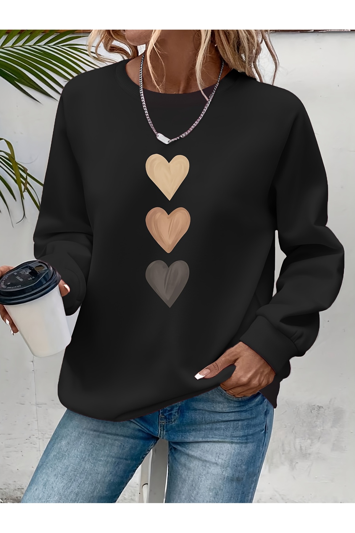 Minimal Baskılı Bisiklet Yaka Beyaz Kadın Sweatshirt — مشکی 161120241345