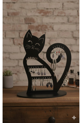 Print Türk Dekoratif Kedi Figürlü Ahşap MDF Takı Standı Masaüstü Organizer - ...