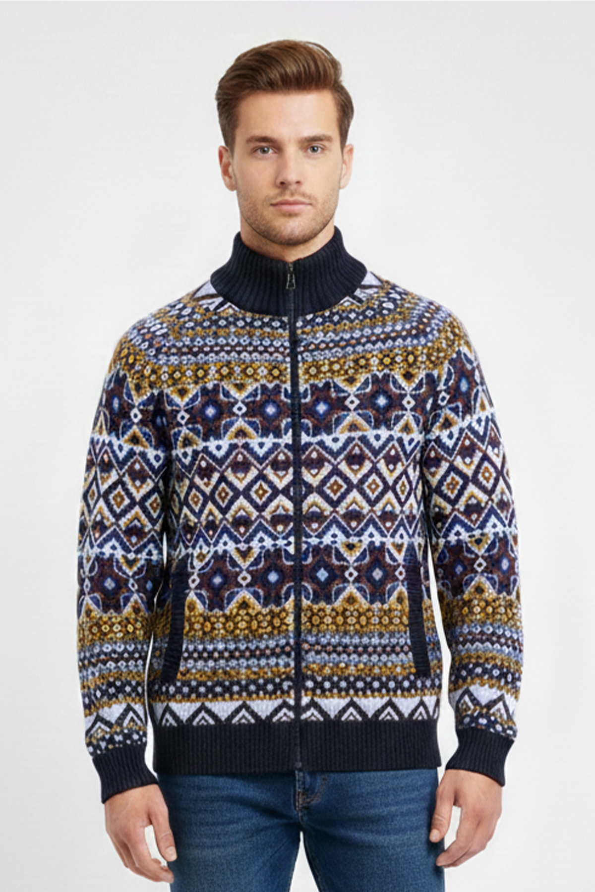 Men's Half Turtleneck Ethnic Patterned Cardigan