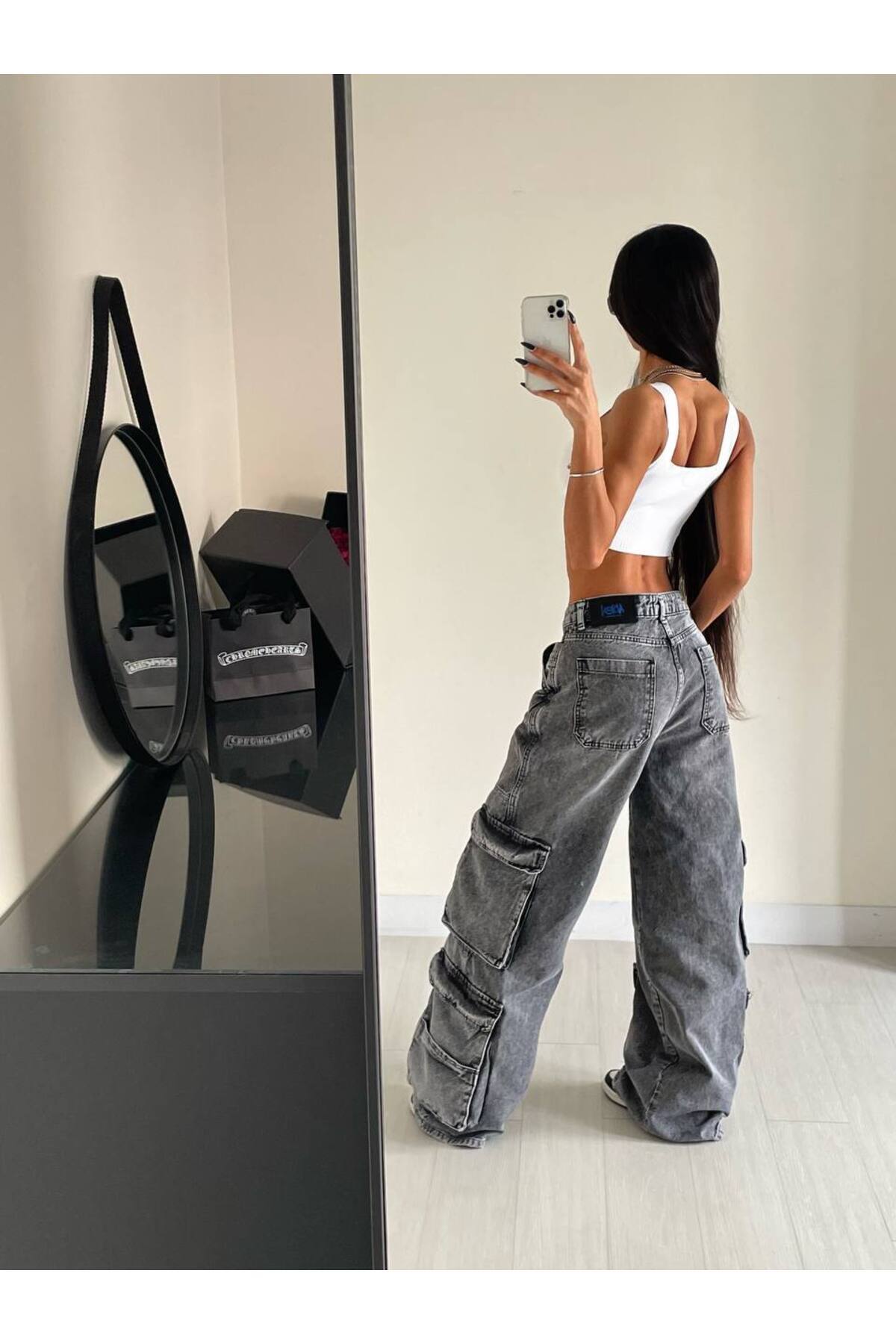 Alien 1979  Kadın Gri Oversize Bol Paça Kargo Jean Street Style - Görsel 2