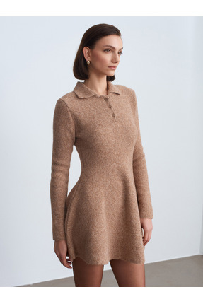 Dilvin 90264 Polo Yaka Peplum Triko Elbise-K.Bej Mel.