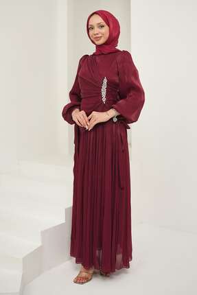 İmajButik Mürdüm Önü Taş Detaylı Kol Bağlamalı Abiye