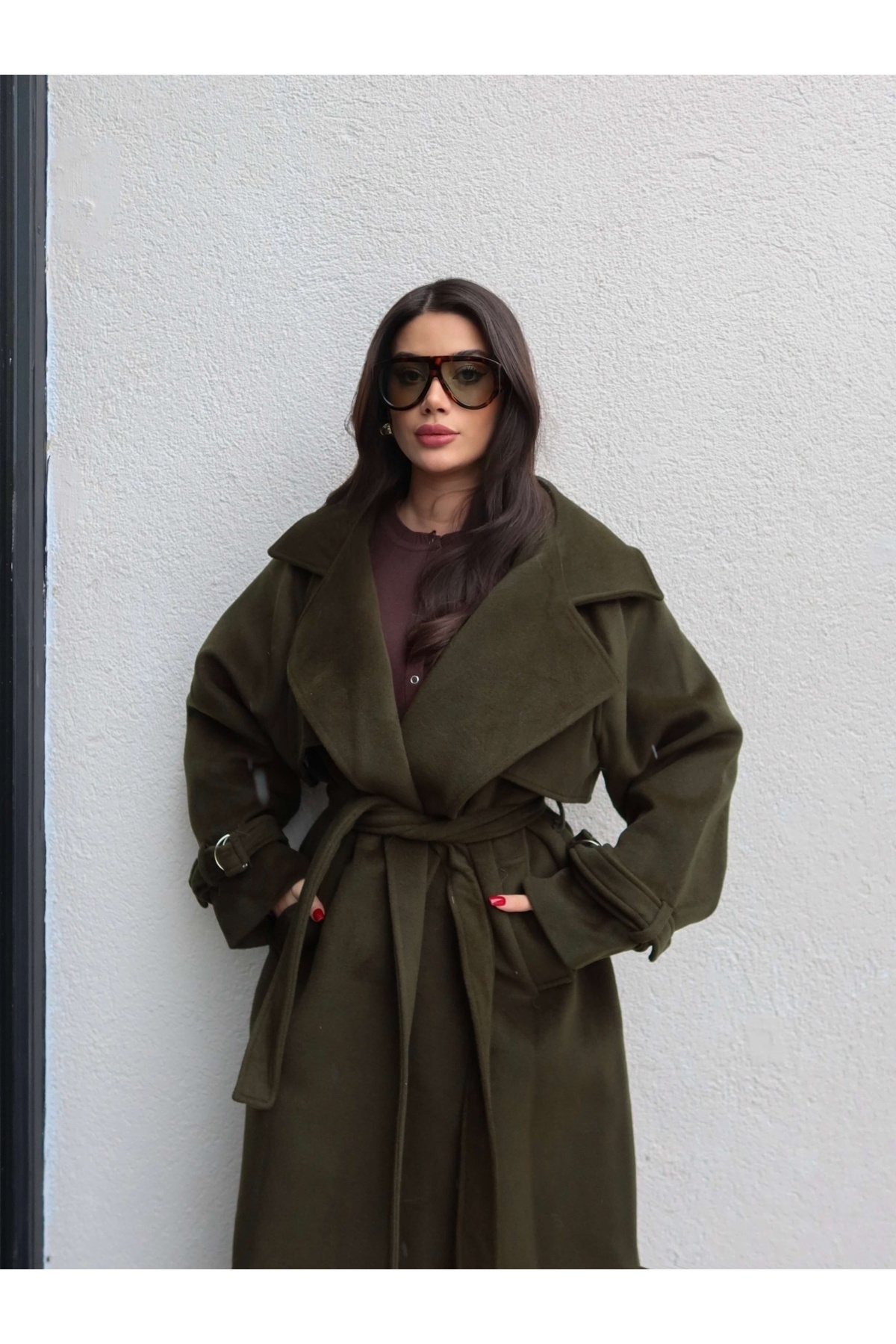 ESRAHELVACI  Kruvaze Kol Kemerli Kuşaklı Yün Kaban - Görsel 4