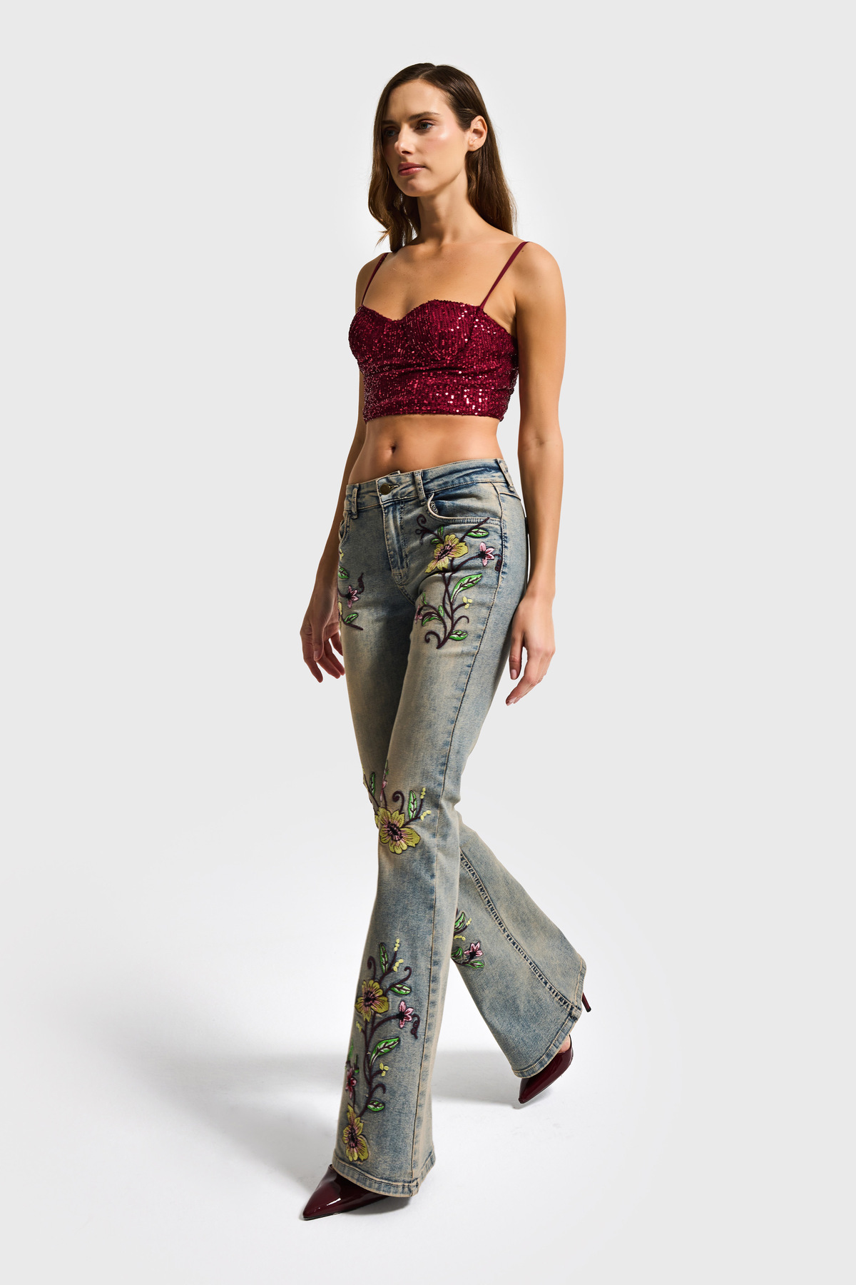 it's basic  Kadın T.Kot Rengi 4s6-91 Midrise Flare Fit Özel Nakış Desenli Elastan Kumaş Denim Jean - Görsel 6