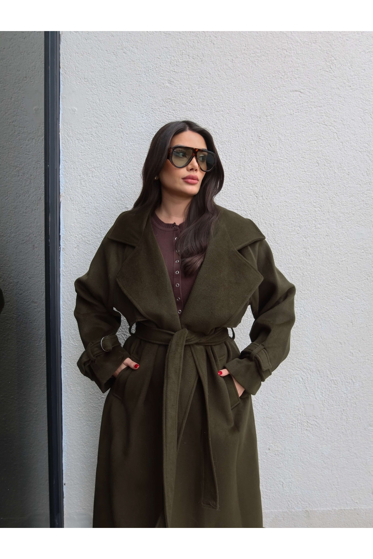 ESRAHELVACI  Kruvaze Kol Kemerli Kuşaklı Yün Kaban - Görsel 2