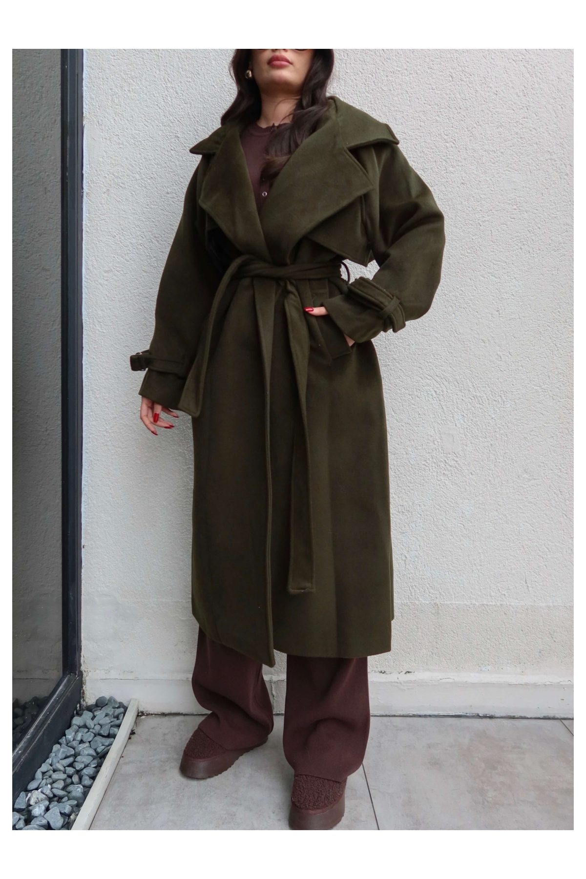 ESRAHELVACI  Kruvaze Kol Kemerli Kuşaklı Yün Kaban - Görsel 3