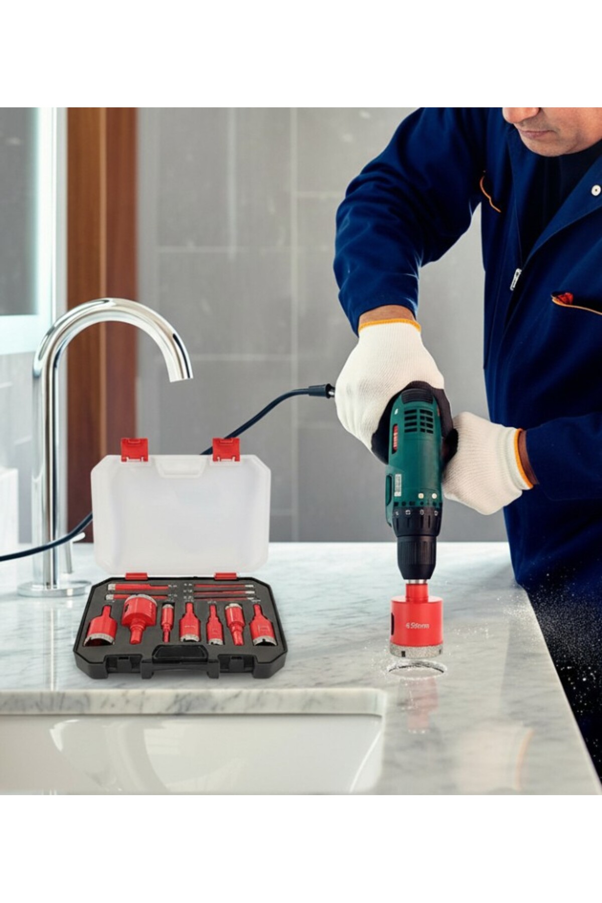 Marble, Tile and Stone Hole Drilling 12-Piece Set Red 6-35mm Hole Saw, Drill Bits in Box