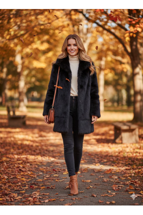 shop Kadın Siyah Uzun Kürk Kaban