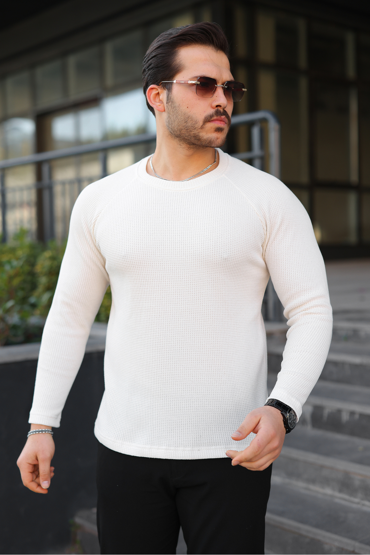 Erkek Trend Basic Slim Fit Bisiklet Yaka Beyaz Kazak — سفید E0204-12 — تصویر 4 از 5