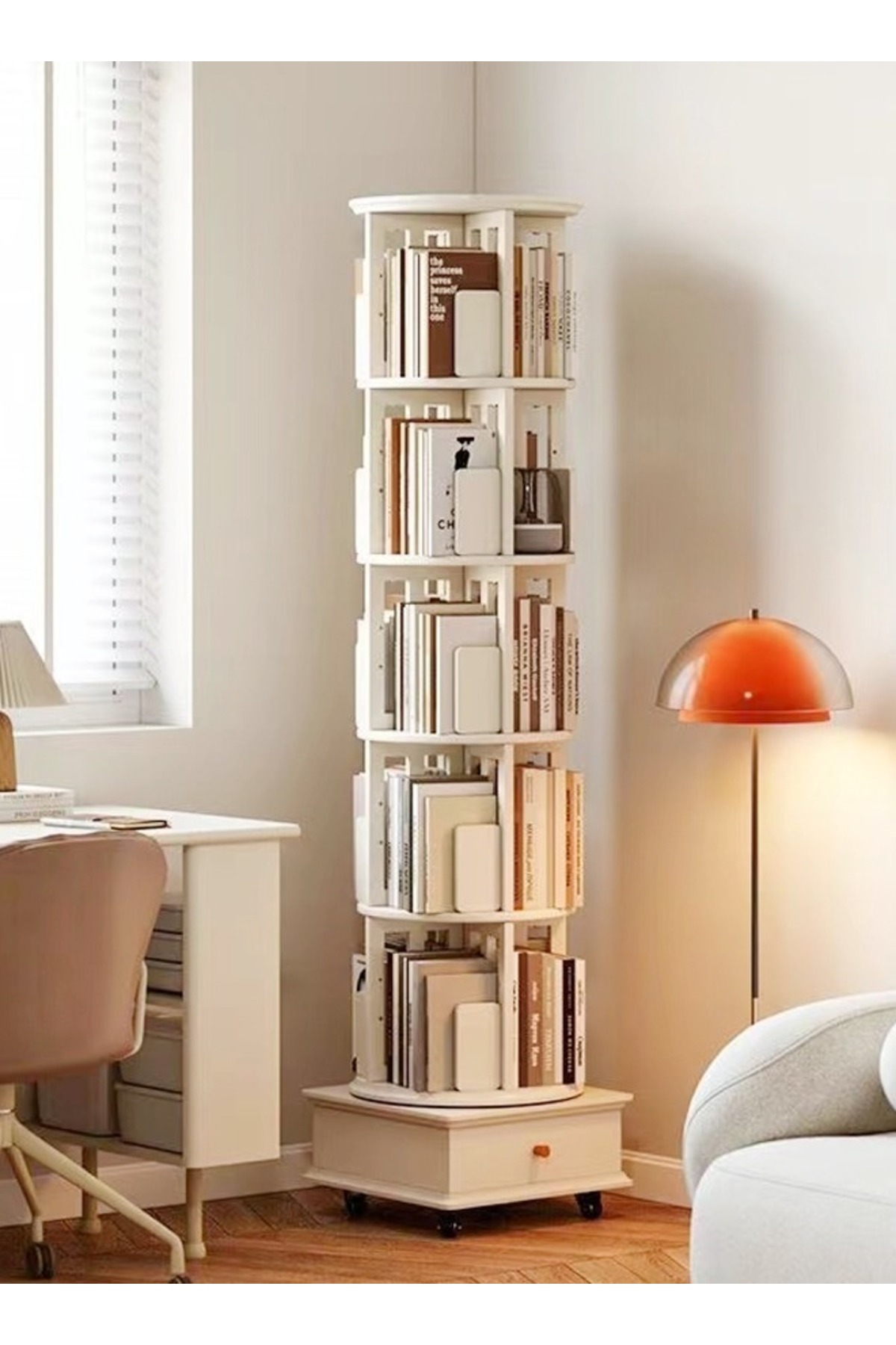 Movable multi-layer ground book shelf with 360-degree rotation and storage drawer, dimensions 46×46×173 cm