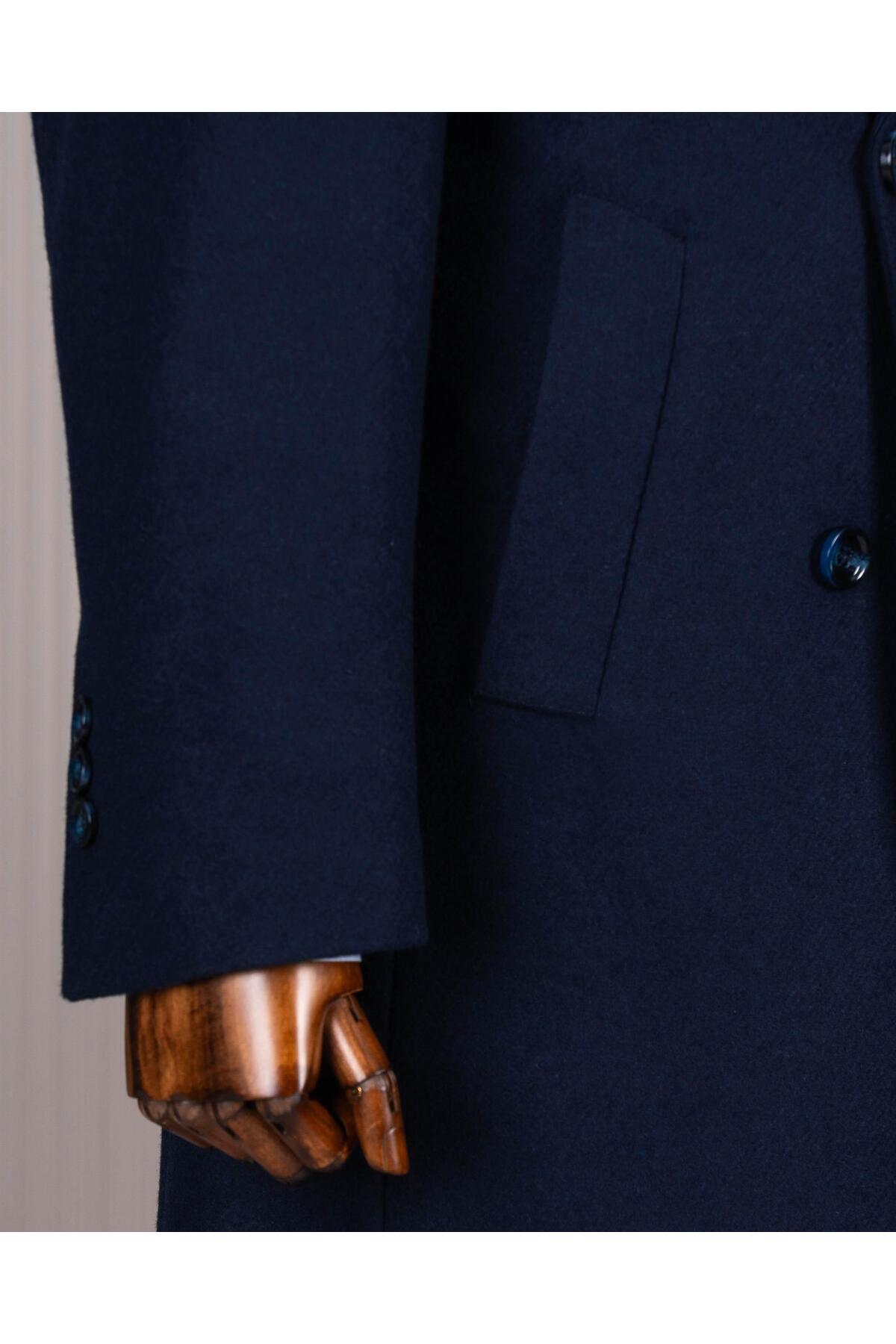 TerziAdemAltun İtalyan stil slim fit kruvaze yün karışımlı kaşe erkek kaban lacivert T14716 görsel 4