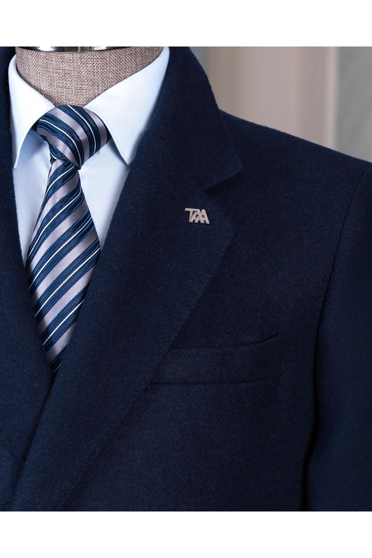 TerziAdemAltun İtalyan stil slim fit kruvaze yün karışımlı kaşe erkek kaban lacivert T14716 görsel 3