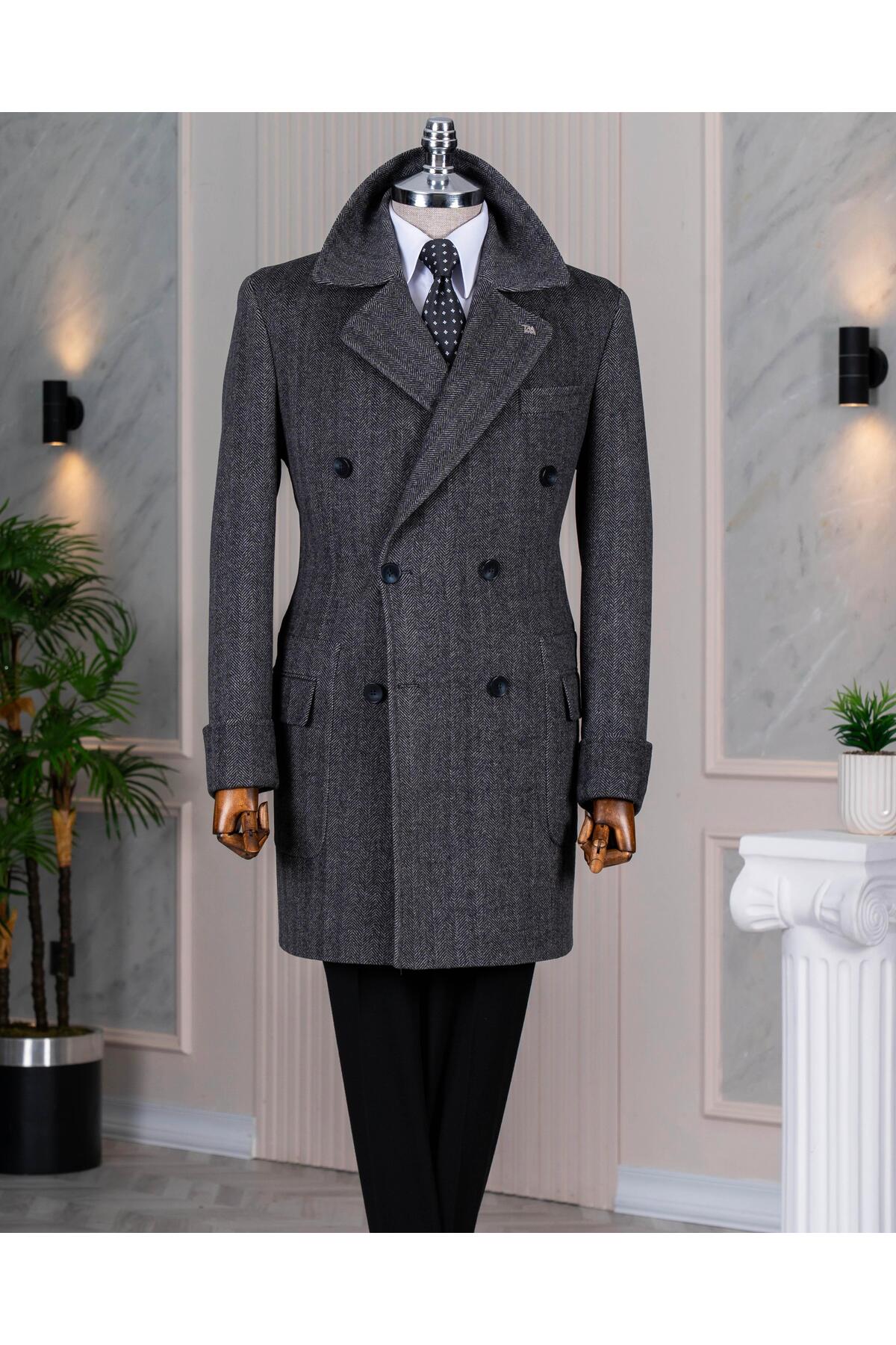 TerziAdemAltun İtalyan stil slim fit kruvaze yün karışımlı kaşe erkek kaban antrasit T14710