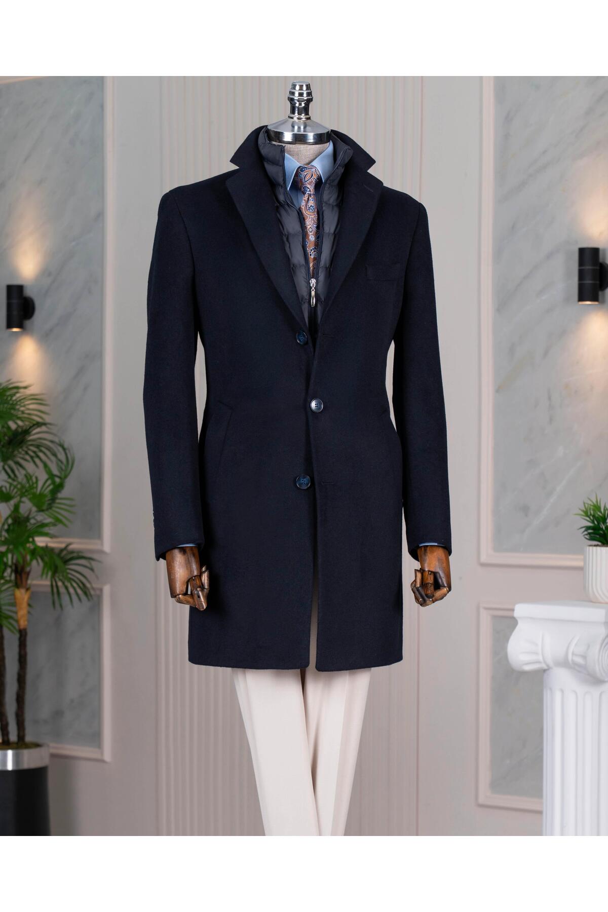 İtalyan stil slim fit mono yaka yün karışımlı kaşe erkek kaban lacivert T14688 — سرمه‌ای