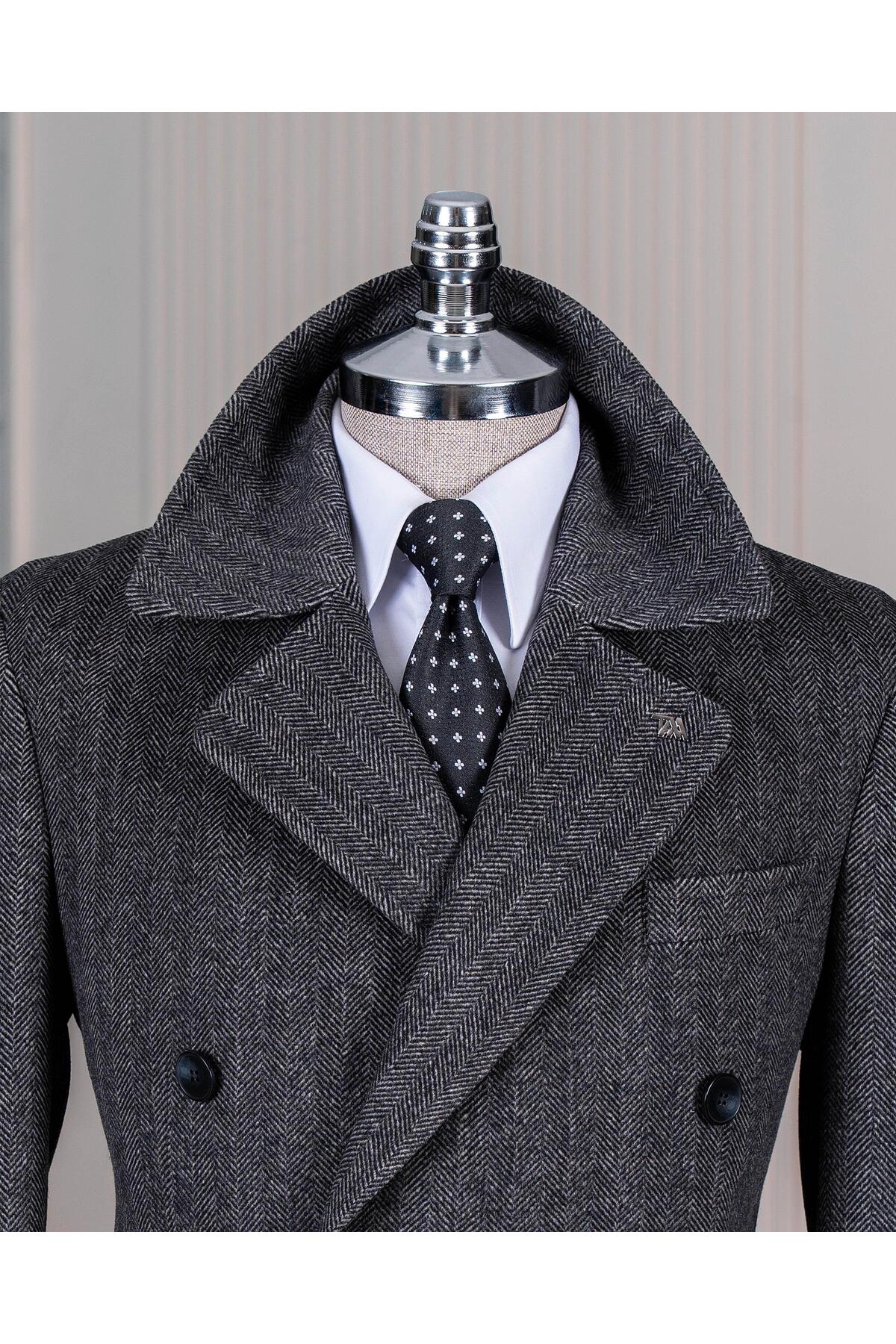 TerziAdemAltun İtalyan stil slim fit kruvaze yün karışımlı kaşe erkek kaban antrasit T14710 görsel 2
