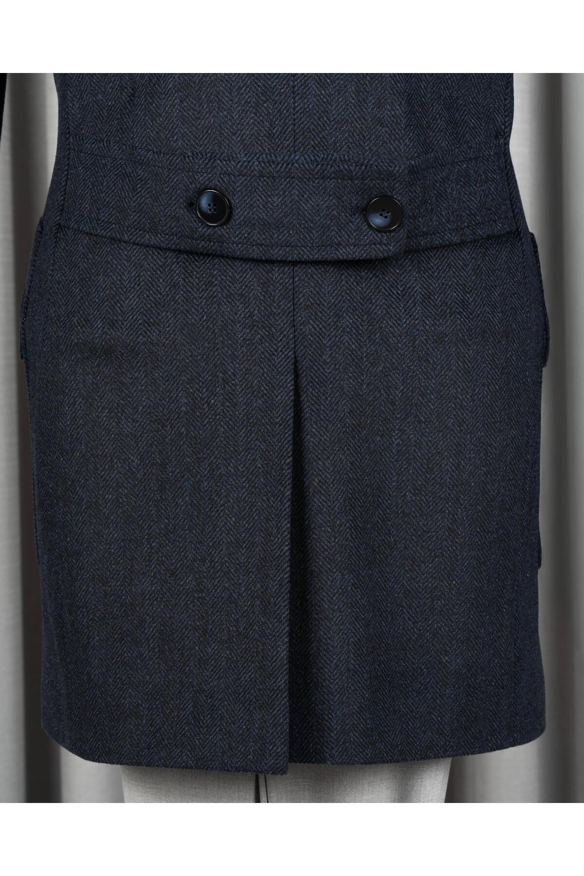 TerziAdemAltun İtalyan stil slim fit kruvaze yün karışımlı kaşe erkek kaban lacivert T14712 görsel 3