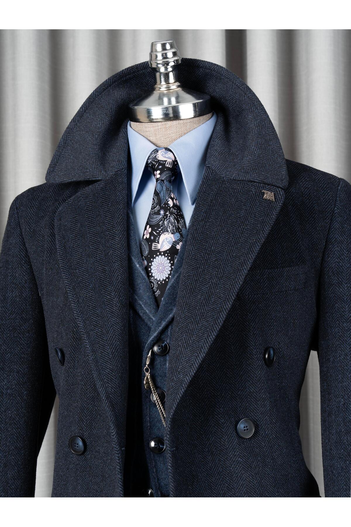TerziAdemAltun İtalyan stil slim fit kruvaze yün karışımlı kaşe erkek kaban lacivert T14712 görsel 2