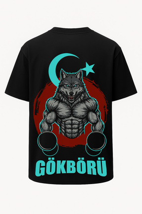 nirvoda Oversize Gökbörü Ay Yıldızlı Bozkurt Baskılı GYM Fitness Tişört - Büy...