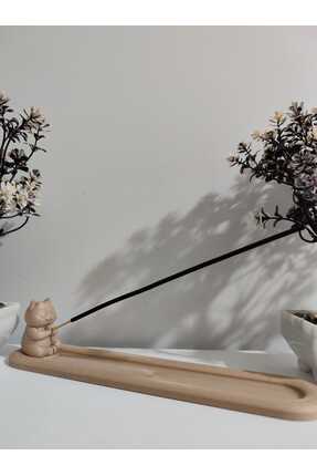 MODA Ahşap Desen Meditasyon Yapan Kedi Tütsülük ( 24cm )