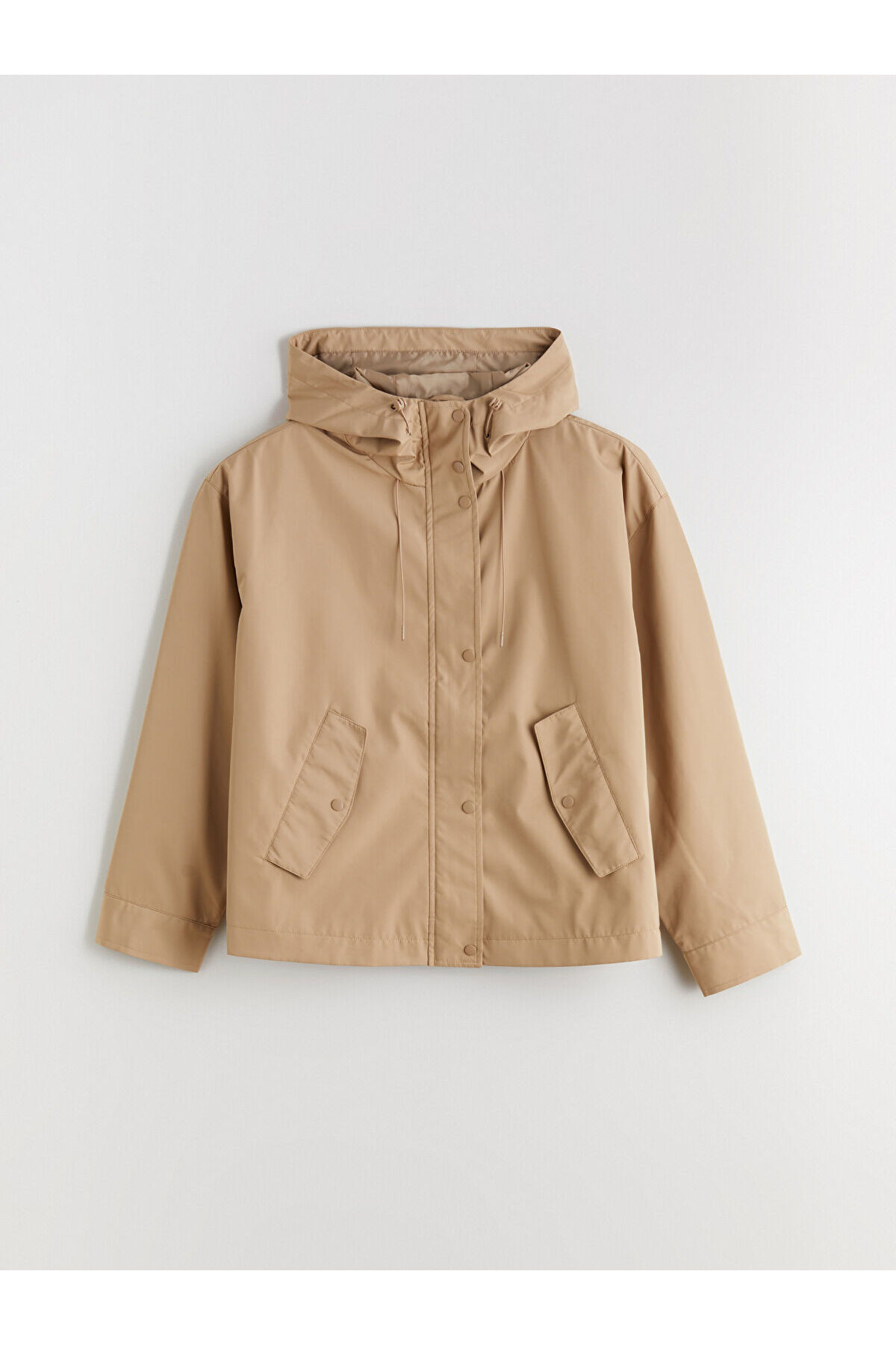 LC Waikiki Elsiva Collection Bej Kapüşonlu Oversize Kadın Yağmurluk görsel 6