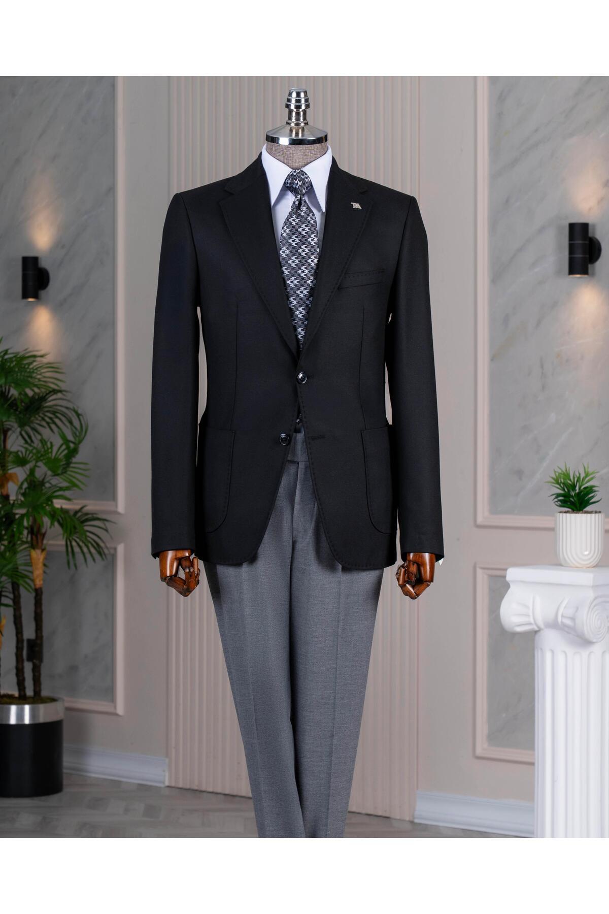 TerziAdemAltun Italian Style S Slim Fit Men's Jacket Pants Combination Suit Black T14670