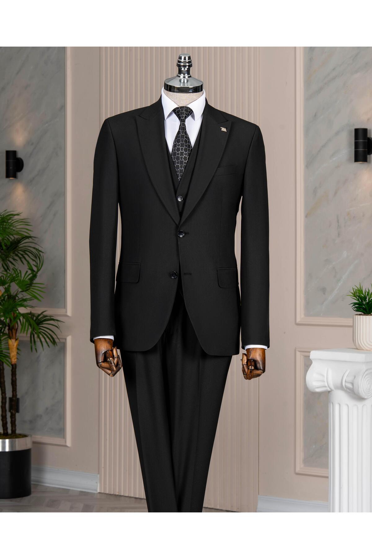 TerziAdemAltun Italian Style S Slim Fit Peaked Lapel Jacket Vest Pants Suit Black T15059