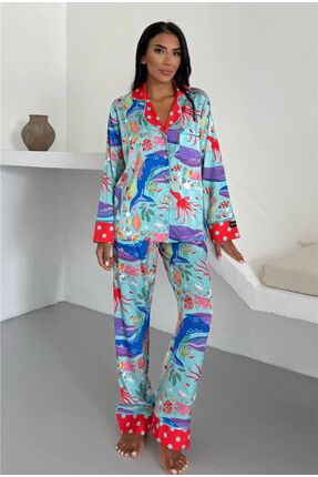 Loraofsilk DENİZ DESEN İPEK SATEN PİJAMA TAKIMI
