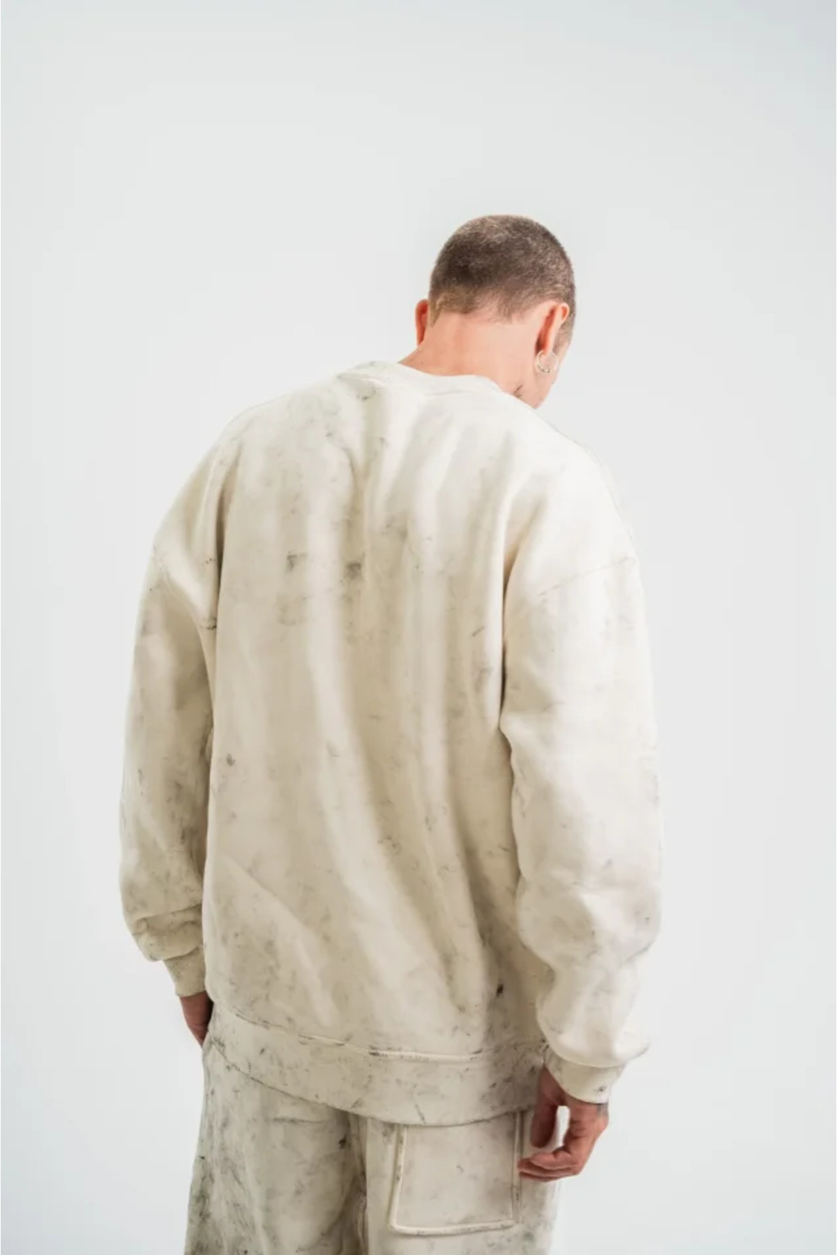 Erkek 3 İplik Pamuklu Yağ Yıkamalı Sweatshirt Double Oversize Bisiklet Yaka Uzun Kol -