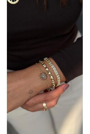 Velsha Gold Renk 3'lü Bileklik Seti - Zirkon Taşlı Su Yolu ve Göz Nazar Boncu...