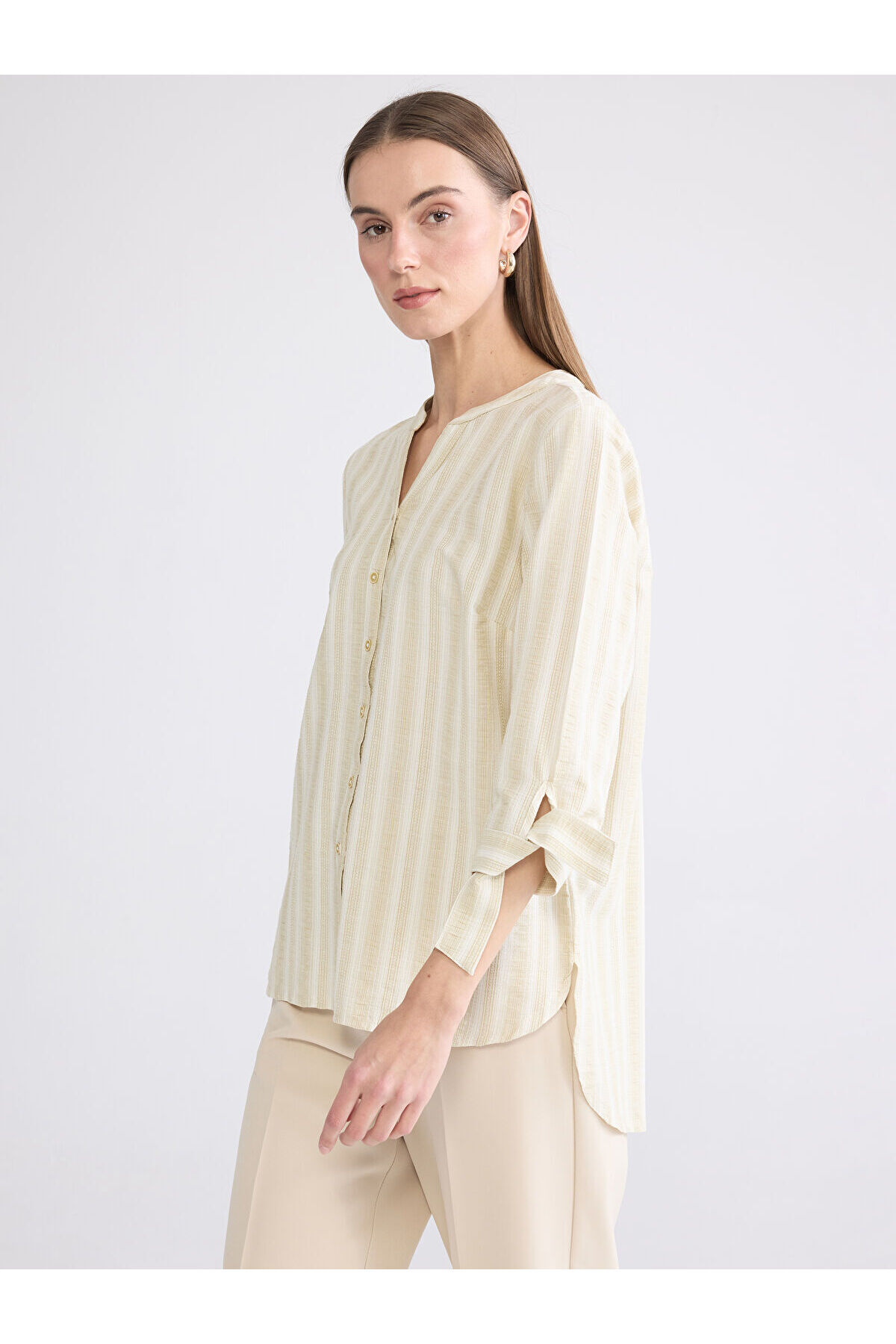 LC Waikiki Khaki Cowl Neck Striped Linen Blend Women's Shirt