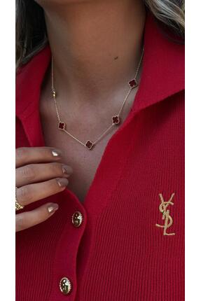 Velsha 316L Çelik Gold Renk 5'li Kırmızı Yonca Kolye - İkonik Şans Zinciri