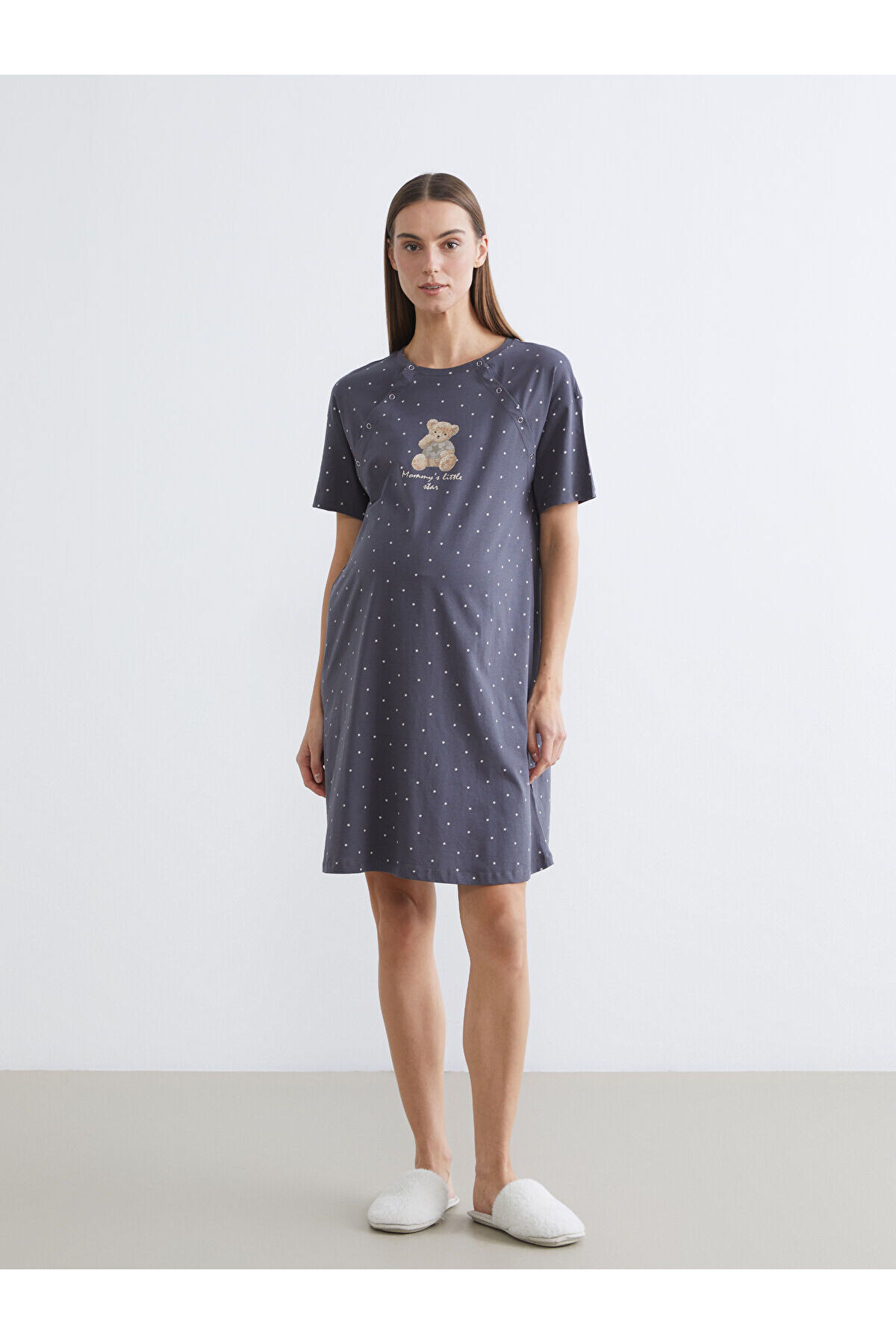 LC Waikiki PATENTH'DEN Gri Bisiklet Yaka Baskılı Hamile Gecelik