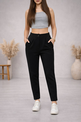 Lighter Jeans Kadın Yüksek Bel Havuç Kesim Siyah Kumaş Pantolon Cep Detaylı