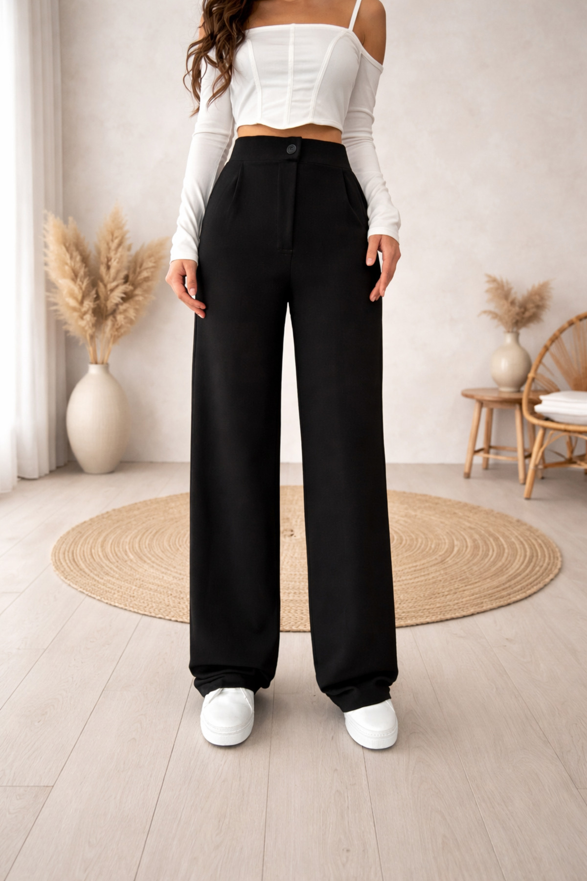 Lighter Jeans  Kadın Yüksek Bel Bol Paça Siyah Kumaş Pantolon Palazzo Wide Leg