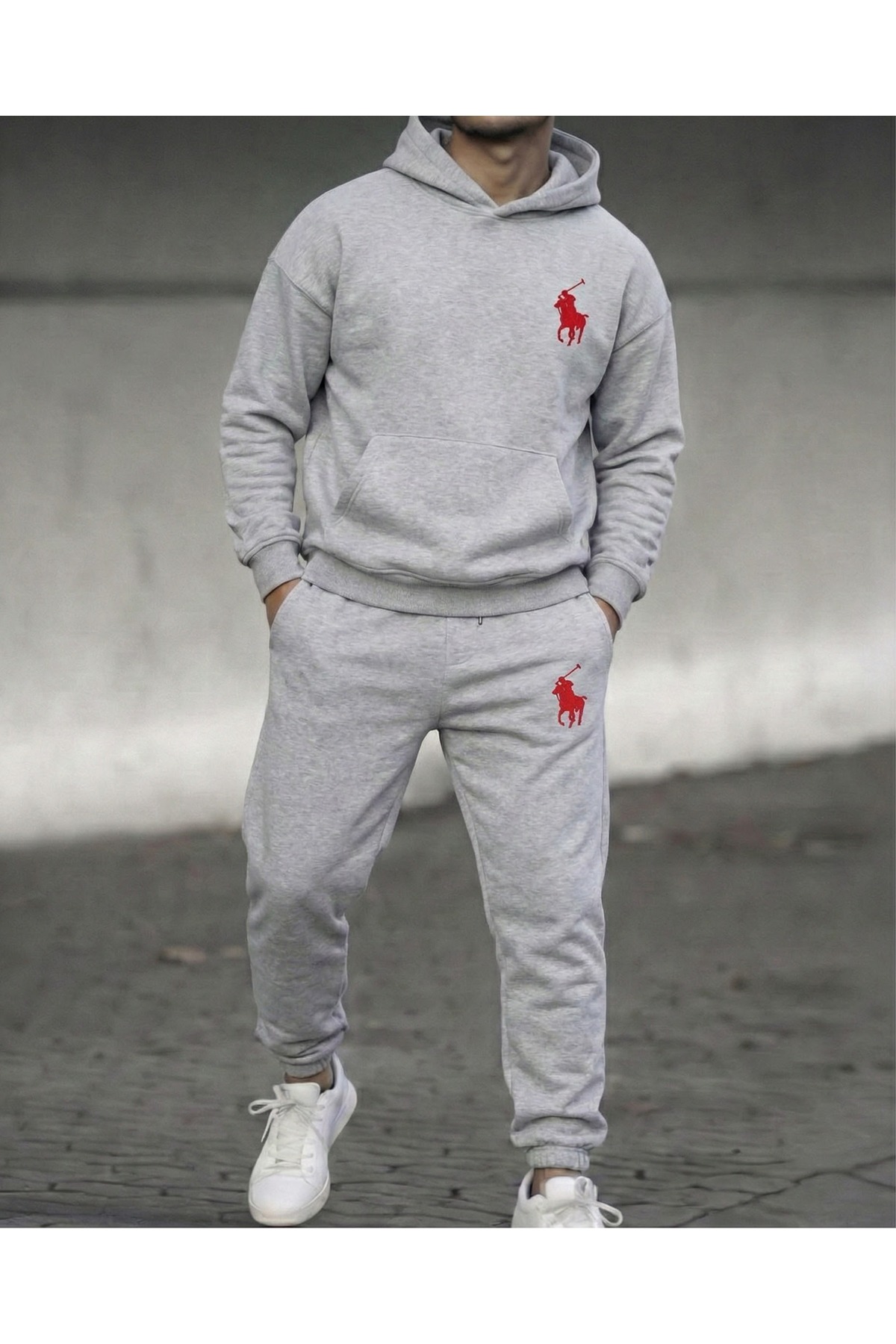 Erkek özel kırmızı(RED) - AT(HORSE)simgeli kapşonlu Oversize Sweat eşofman takım — خاکستری busbusoliiii