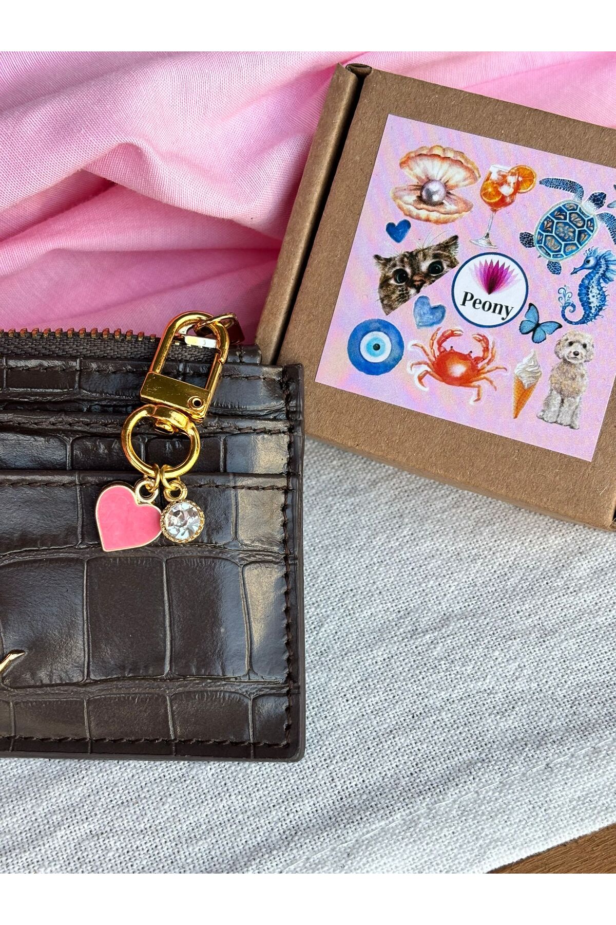 Pink Heart Charm with Clip for Wallet, Bag, Keychain with Single Stone Detail