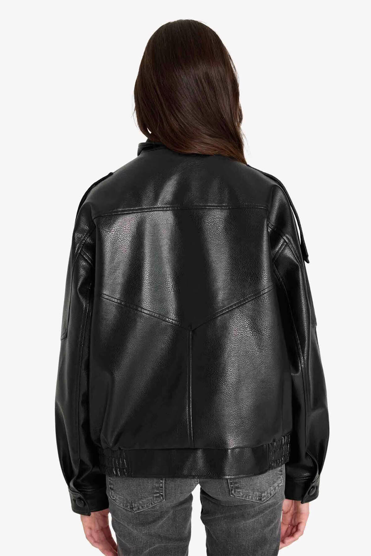 Defacto  Dad Fit Siyah Kadın Deri Ceket G4994AX/BK81 - Görsel 5