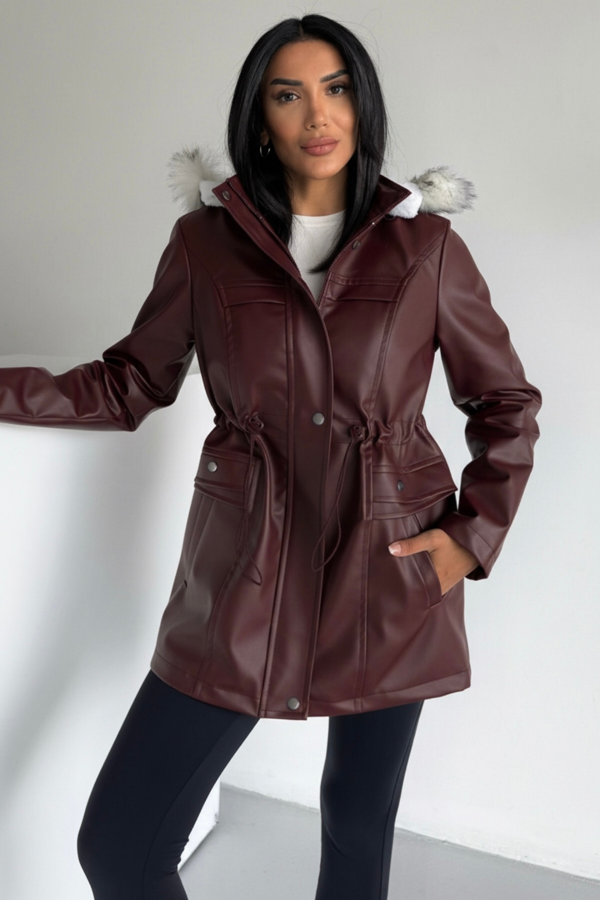 hiramir  Kapüşonlu Deri İçi Kürklü Cep Üstü Detaylı Mont Bej KS2509 - Görsel 2