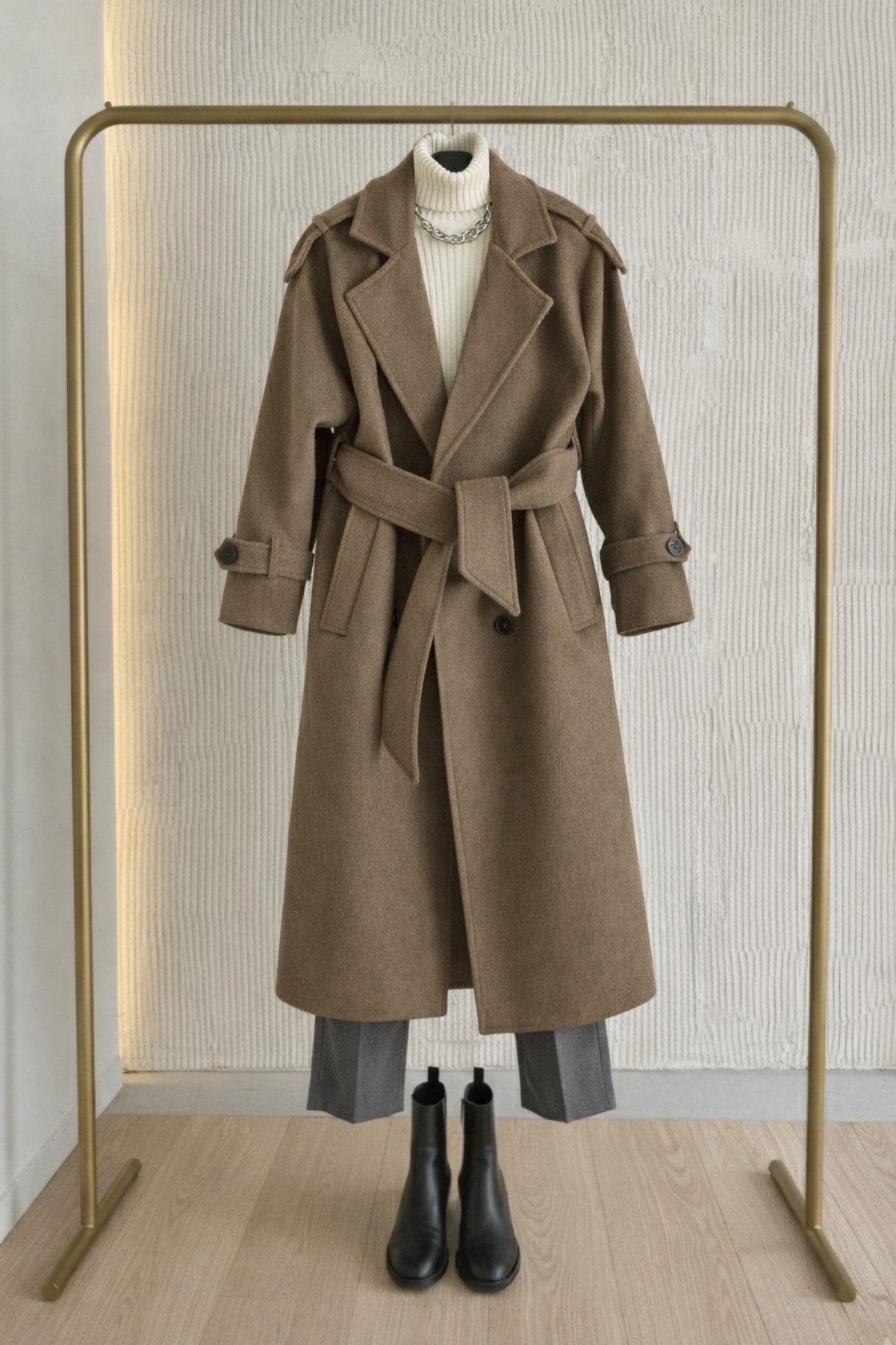 Behills Premium Kadın Vizon Kaşe Kaban Uzun Kışlık Kuşaklı Şık Palto Mont