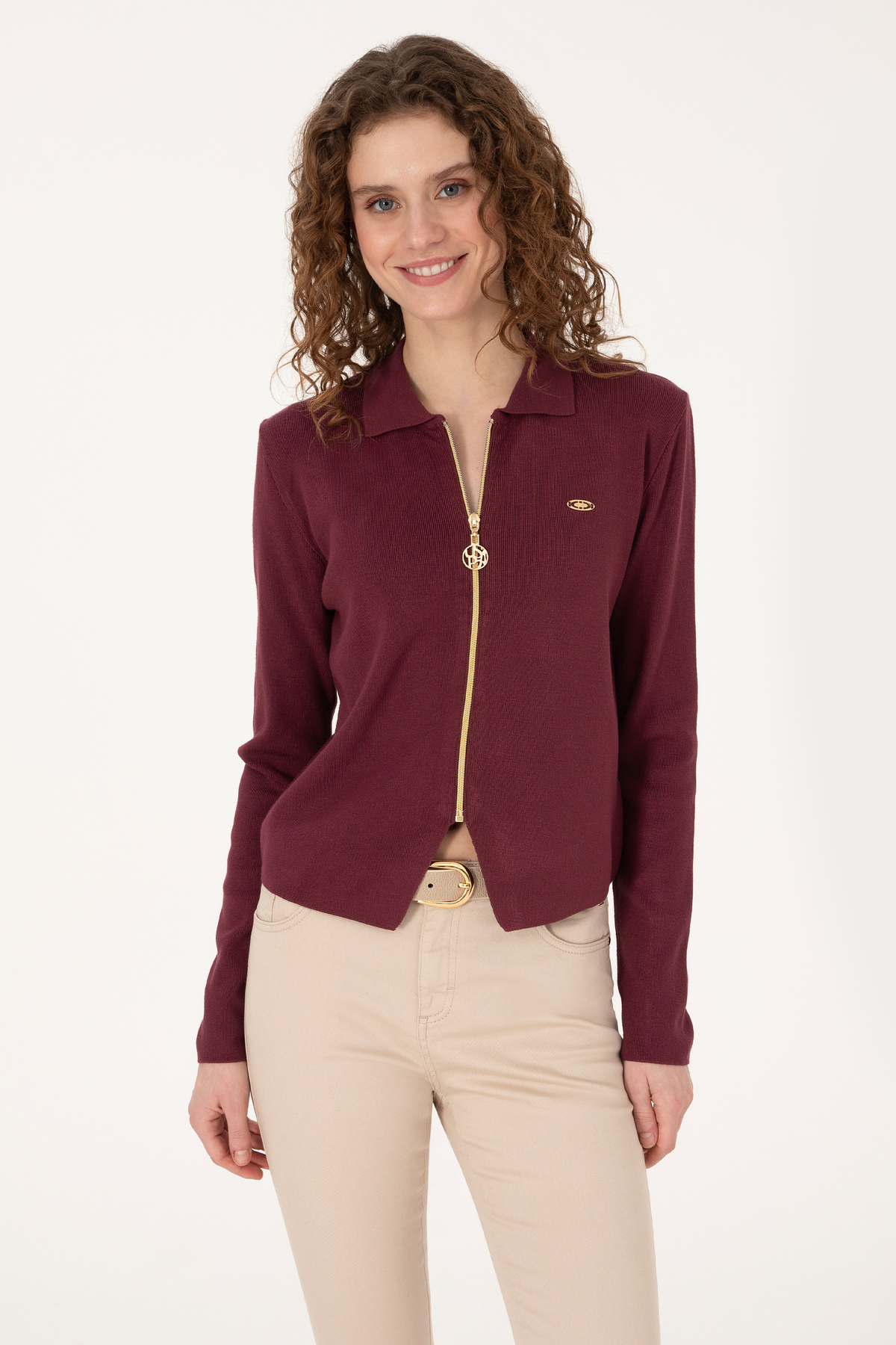 U.S. Polo Assn. Kadın Bordo Fermuarlı Polo Yaka Triko Hırka 50317375-VR177