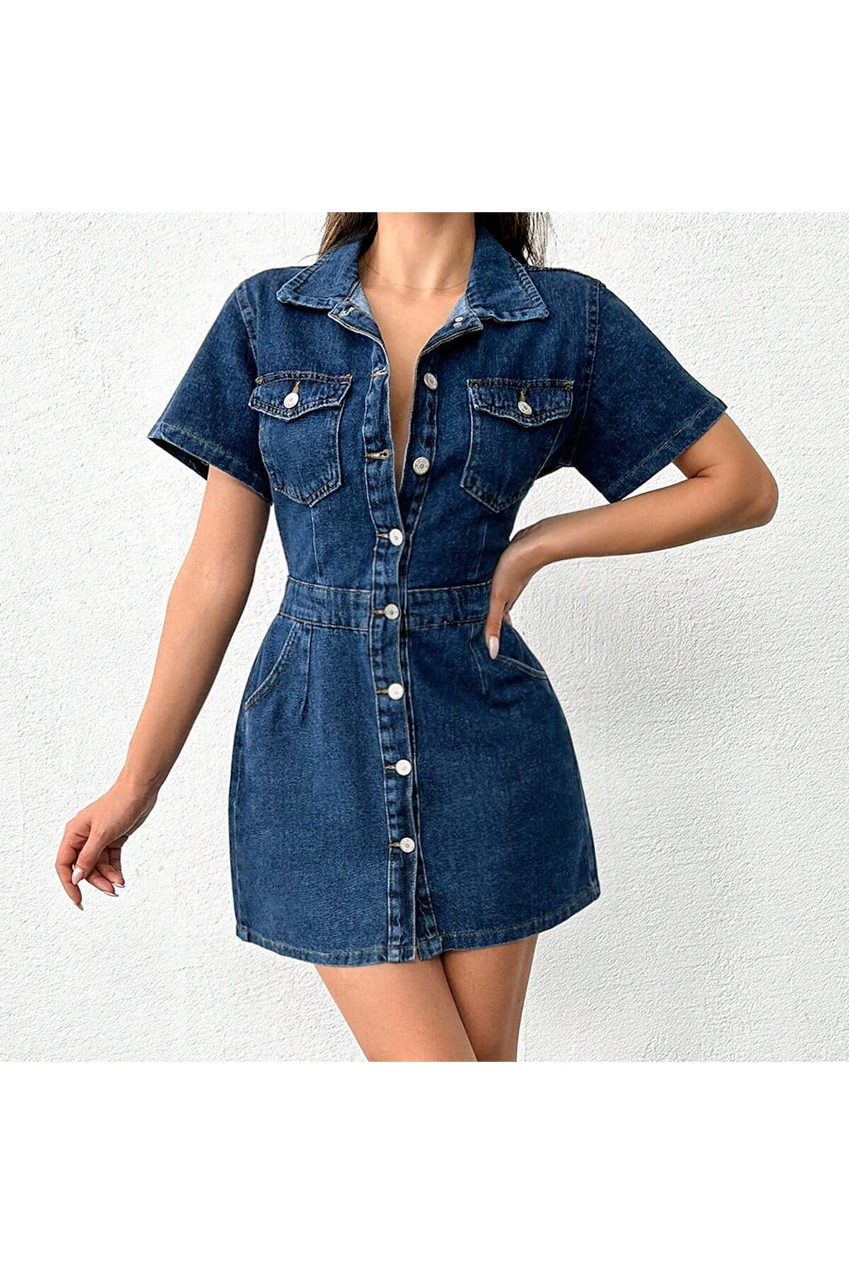 KENE JEANS  ÖN ARKA PENSLİ DÜĞME KAPAMALI LACİVERT ELBİSE - Görsel 5